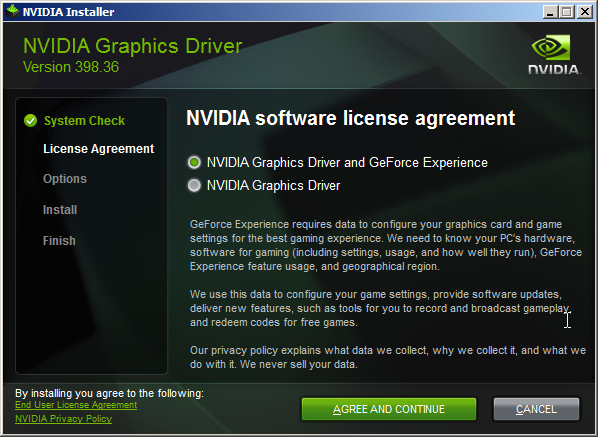 Nvidia driver installation screenshot