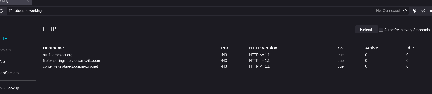 About Networking in Tor Browser, displaying connections prior to connecting with the Tor Network